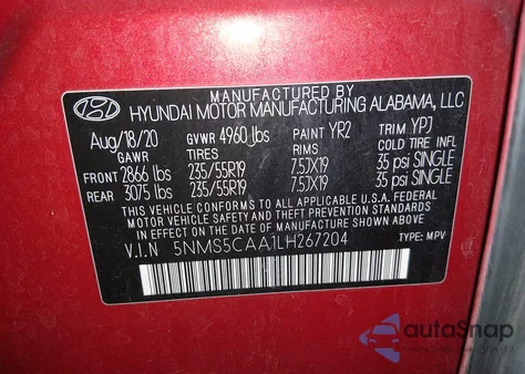 2020 Hyundai Santa Fe Limited 2.0T из США, поврежденный, VIN 5NMS5CAA1LH267204